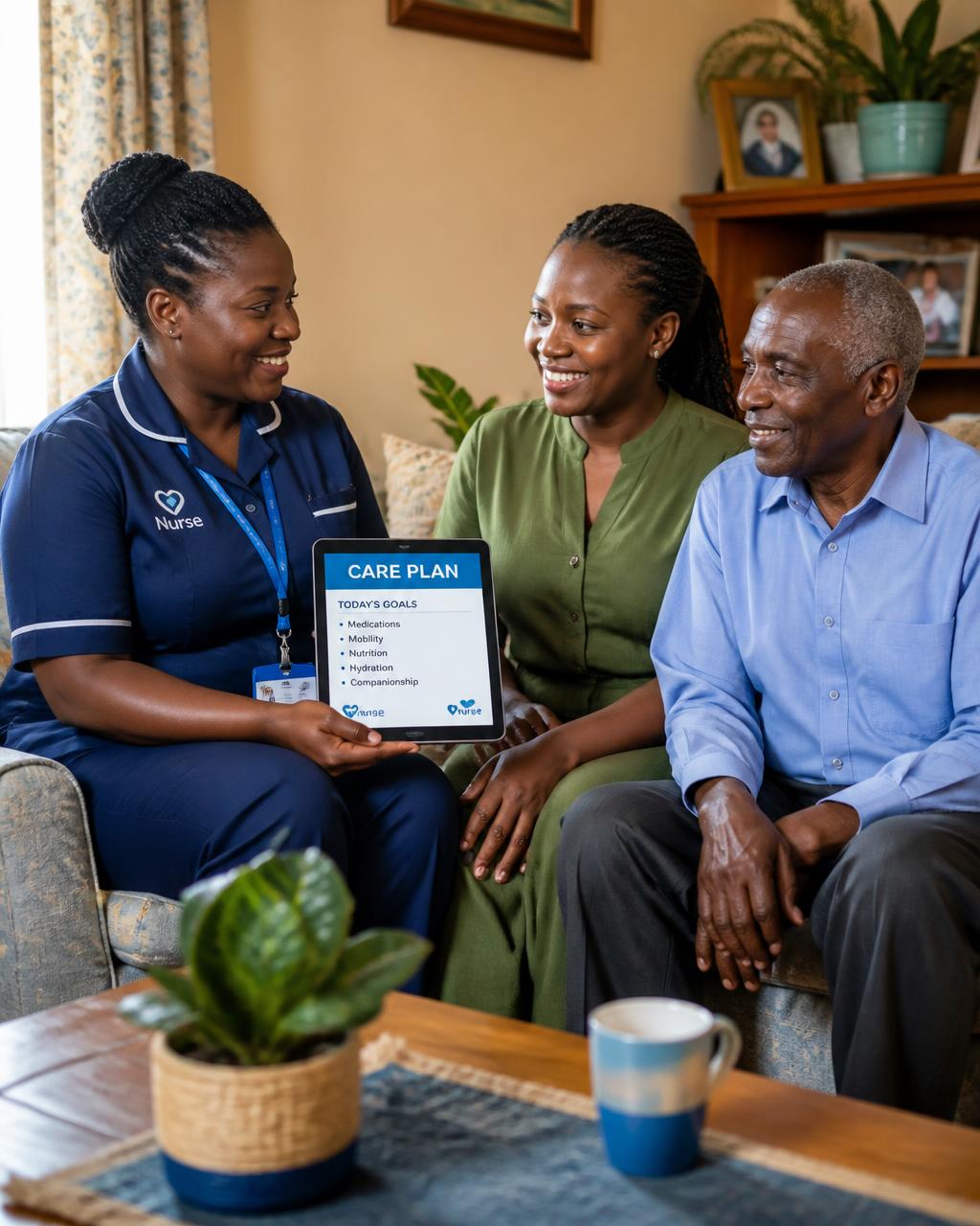 A Deacon & Alec care professional with a patient and their family at home